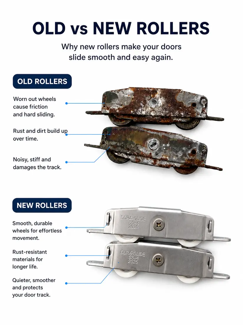 Comparison of rusted old sliding door rollers versus new stainless rollers showing smoother, quieter operation