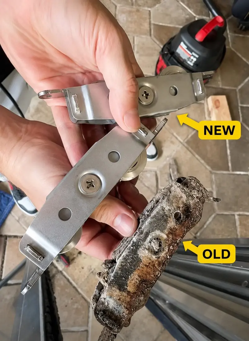 Technician holding a worn original sliding door roller next to a replacement part