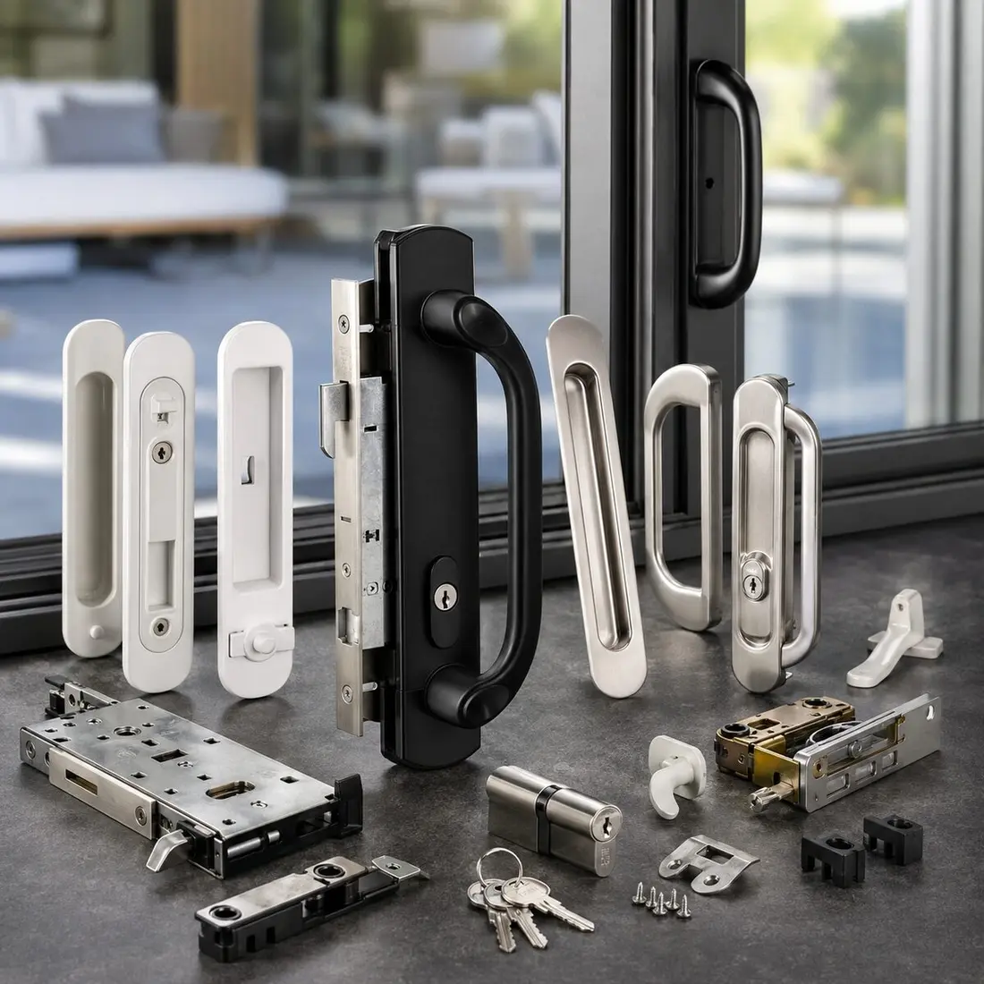 Sliding door handle and lock hardware sets in black, white, and satin nickel