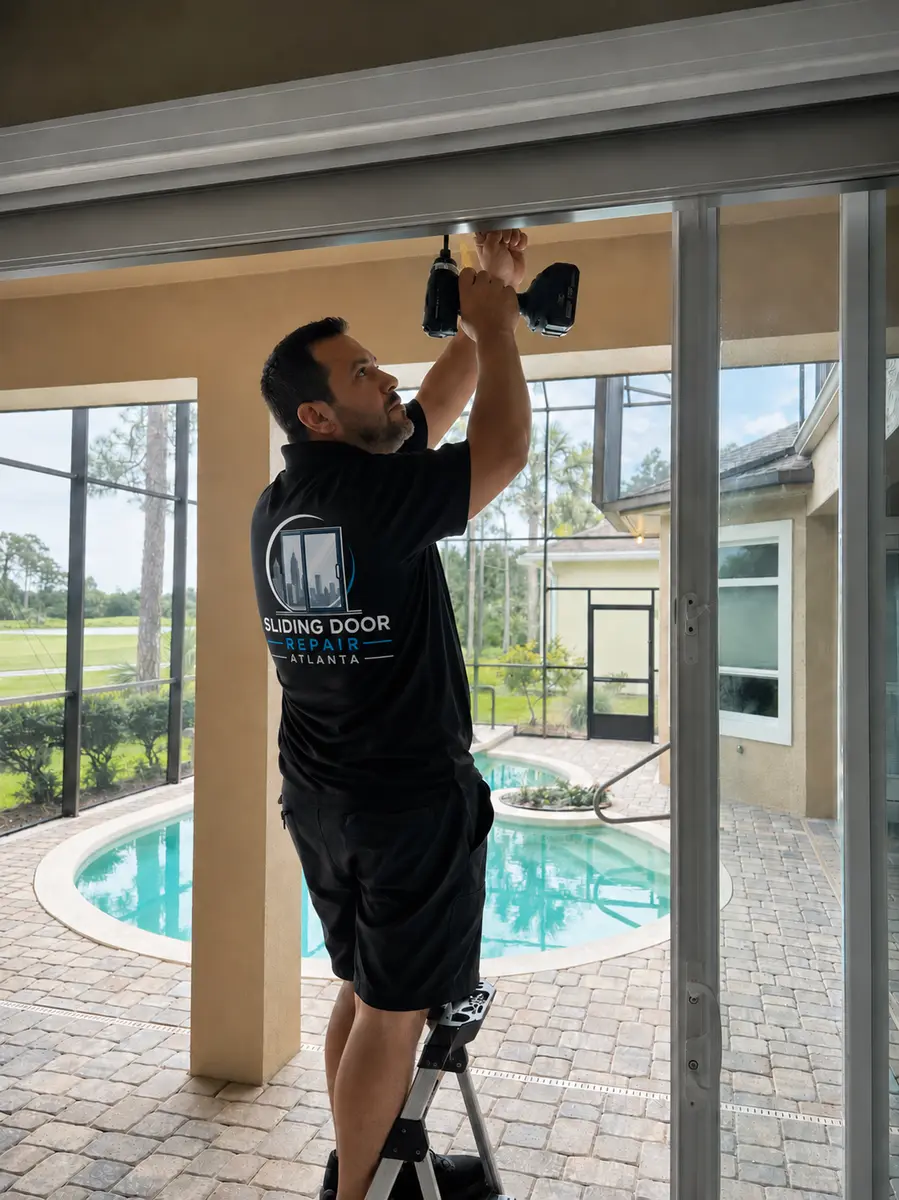 Sliding Door Repair Atlanta technician in a branded shirt installing a new head track on a patio door